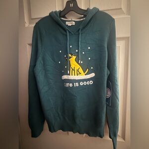 Life Is Good Teal Sweater with Dog Design